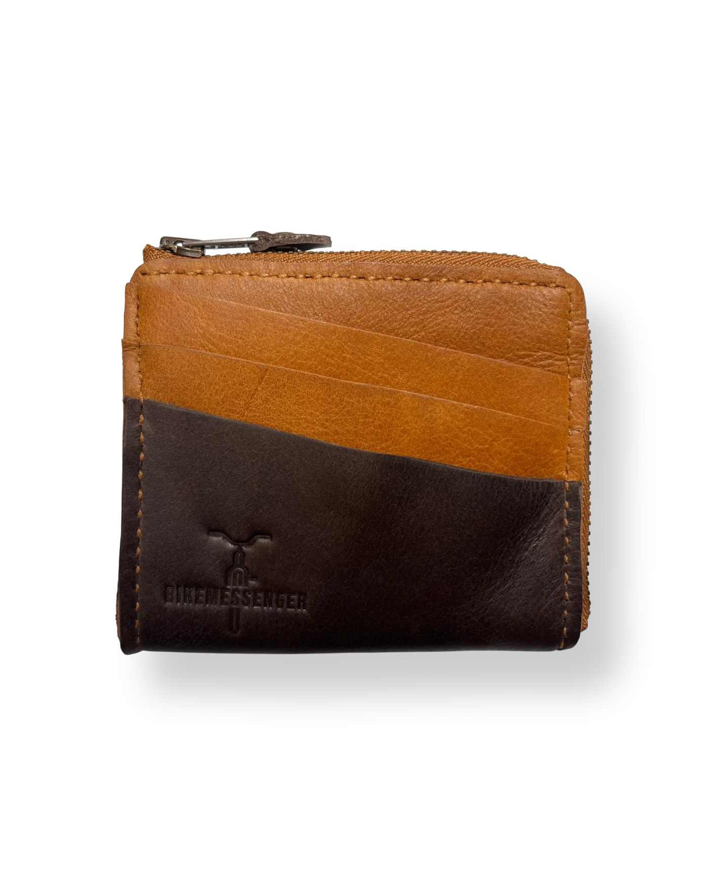 BikeMessenger Genuine Leather Wallet Dark Brown & Tan Front BikeMessenger genuine leather wallet in dark brown and tan with classic bi-fold design.
