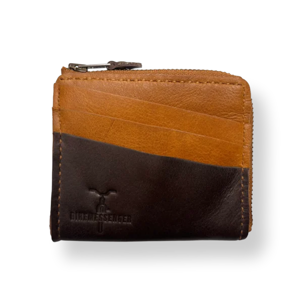 BikeMessenger Genuine Leather Wallet Dark Brown & Tan Front BikeMessenger genuine leather wallet in dark brown and tan with classic bi-fold design.