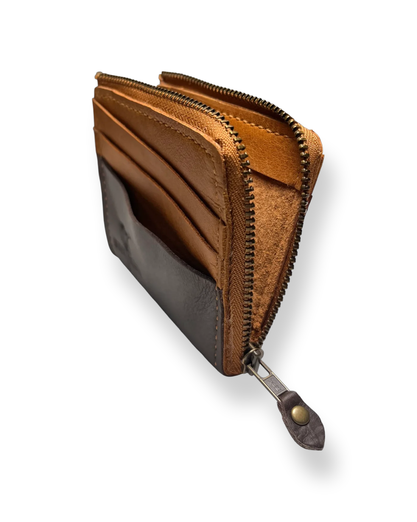 BikeMessenger Genuine Leather Wallet Dark Brown & Tan Inside Interior of BikeMessenger dark brown and tan genuine leather wallet in card slots and note section.