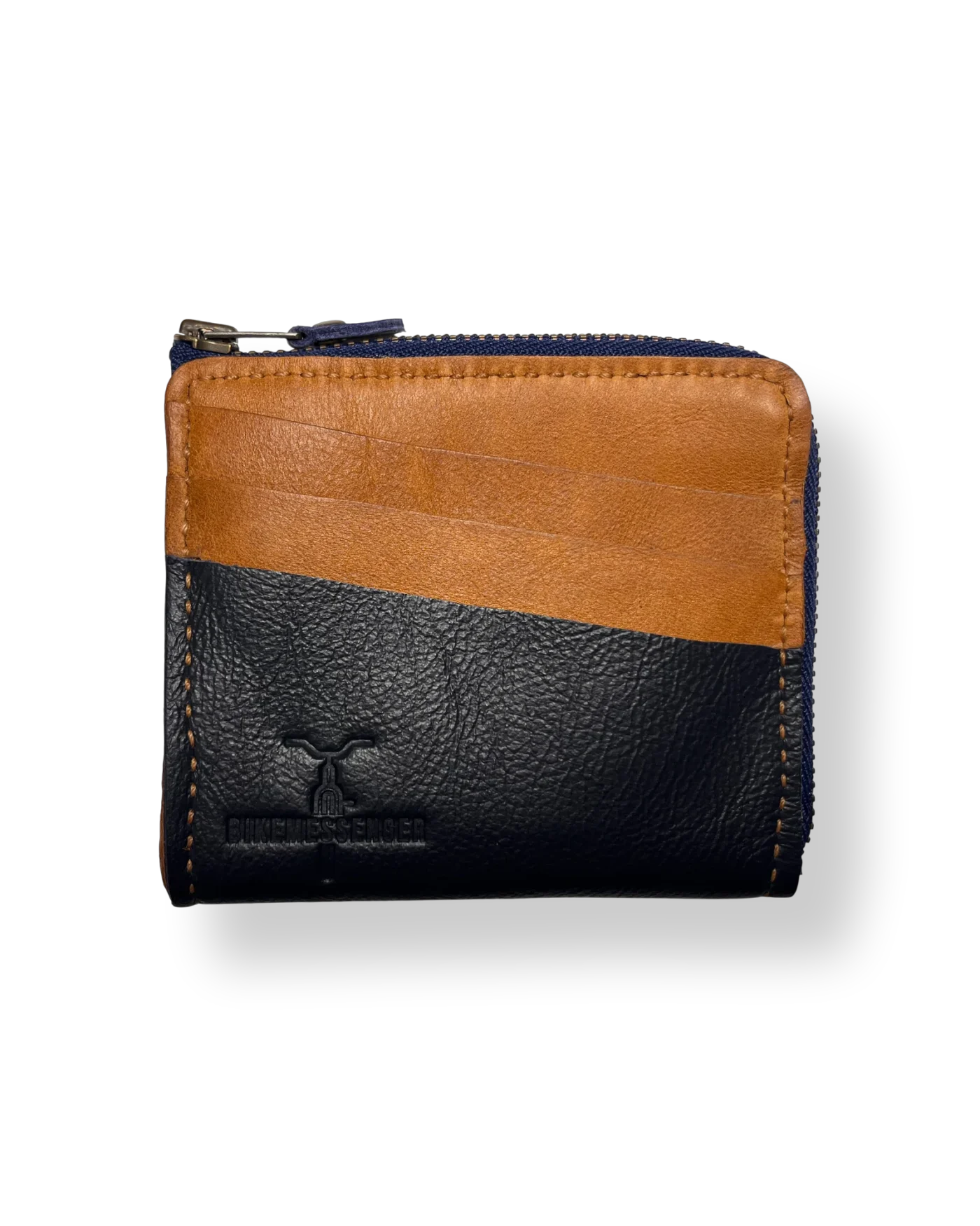 BikeMessenger Genuine Leather Wallet Navy & Tan Front BikeMessenger genuine leather wallet in navy blue and tan featuring slim bi-fold design for cyclists.