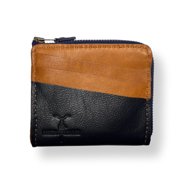 BikeMessenger Genuine Leather Wallet Navy & Tan Front BikeMessenger genuine leather wallet in navy blue and tan featuring slim bi-fold design for cyclists.