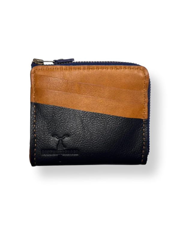 BikeMessenger genuine leather wallet in navy blue and tan featuring slim bi-fold design for cyclists.