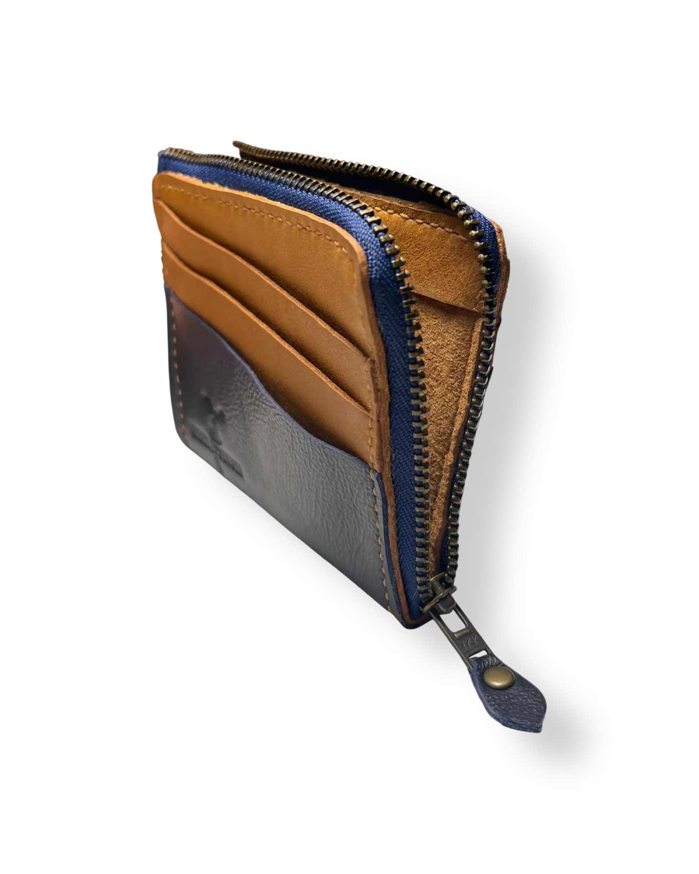 BikeMessenger Genuine Leather Wallet Navy & Tan Inside Interior of BikeMessenger navy and tan genuine leather wallet showing card slots and note compartment.