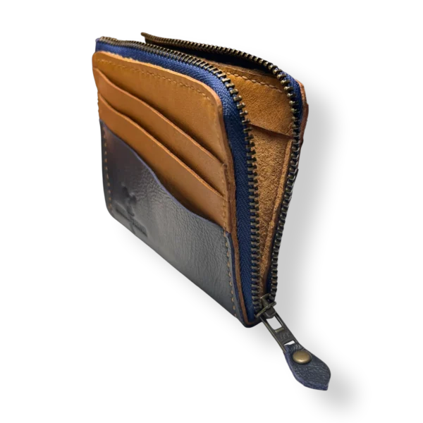 BikeMessenger Genuine Leather Wallet Navy & Tan Inside Interior of BikeMessenger navy and tan genuine leather wallet showing card slots and note compartment.