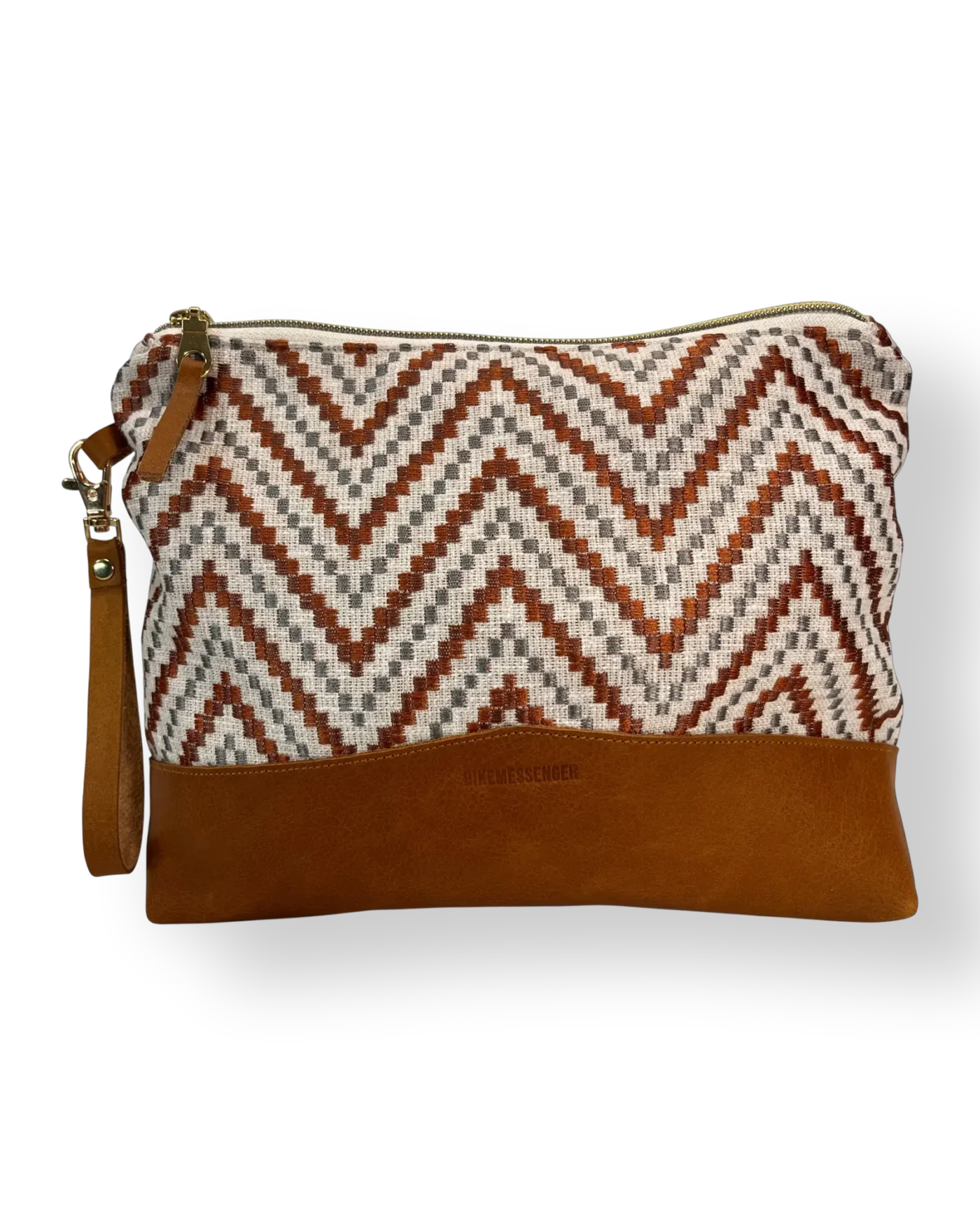 Bushveld large leather pouch front with patterned textile and tan genuine leather