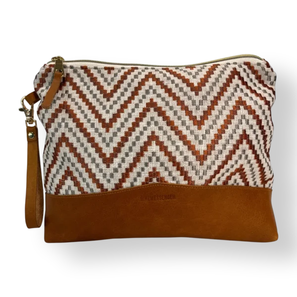 Bushveld large leather pouch front with patterned textile and tan genuine leather