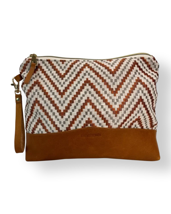 Bushveld large leather pouch front with patterned textile and tan genuine leather