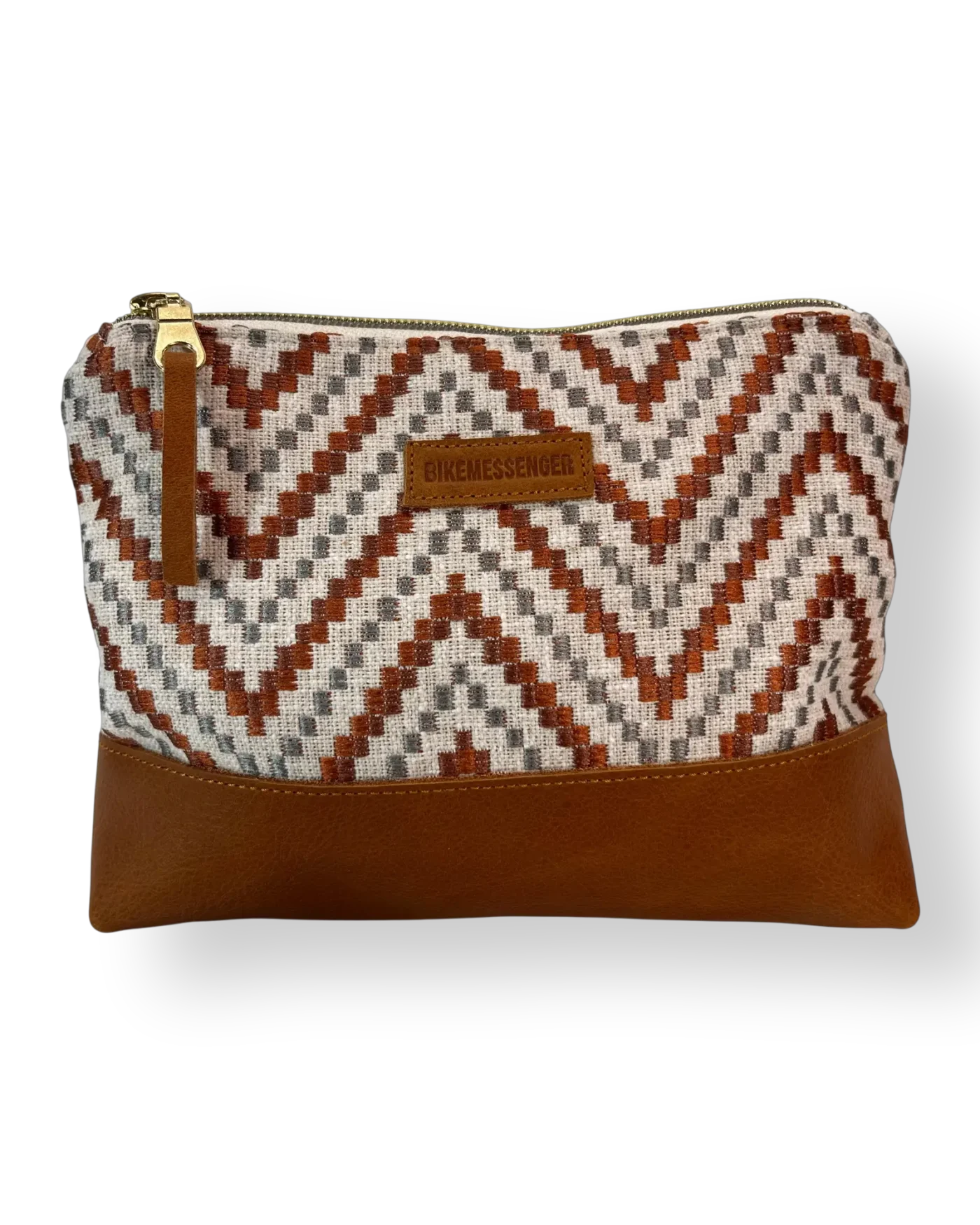 Bushveld medium leather pouch front with patterned textile and tan genuine leather
