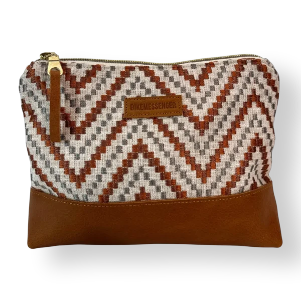 Bushveld medium leather pouch front with patterned textile and tan genuine leather