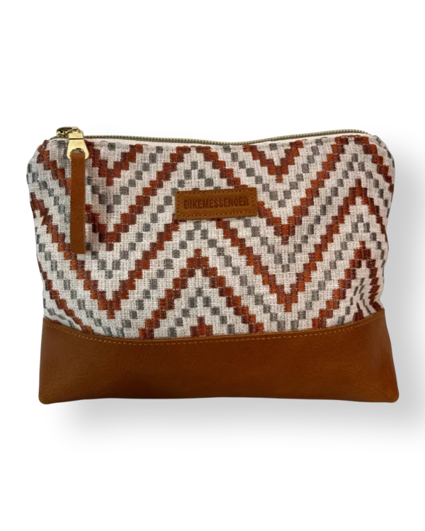 Bushveld medium leather pouch front with patterned textile and tan genuine leather