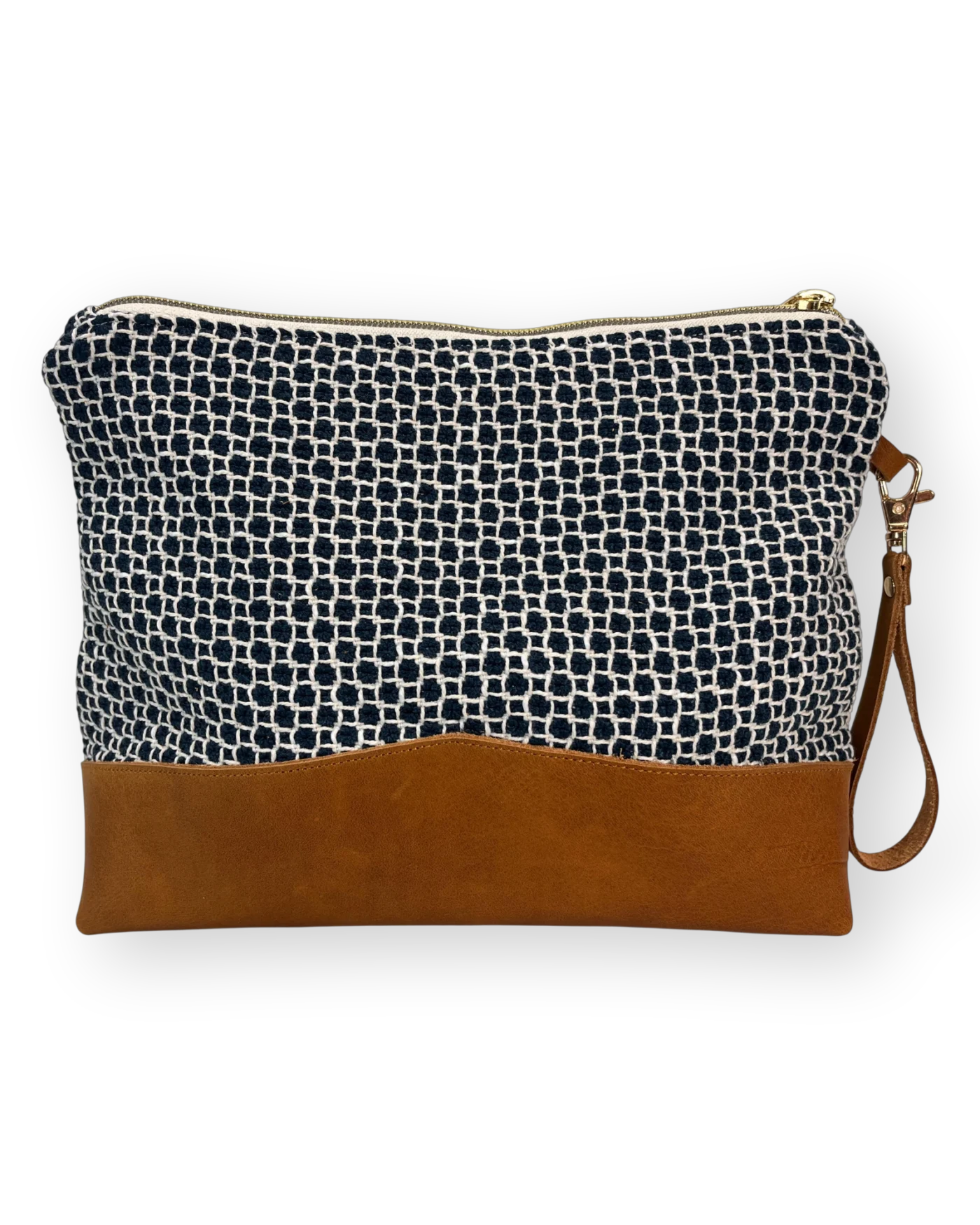 Drakensberg large leather pouch back with patterned navy and cream textile and tan genuine leather