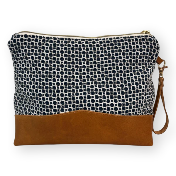 Drakensberg large leather pouch back with patterned navy and cream textile and tan genuine leather