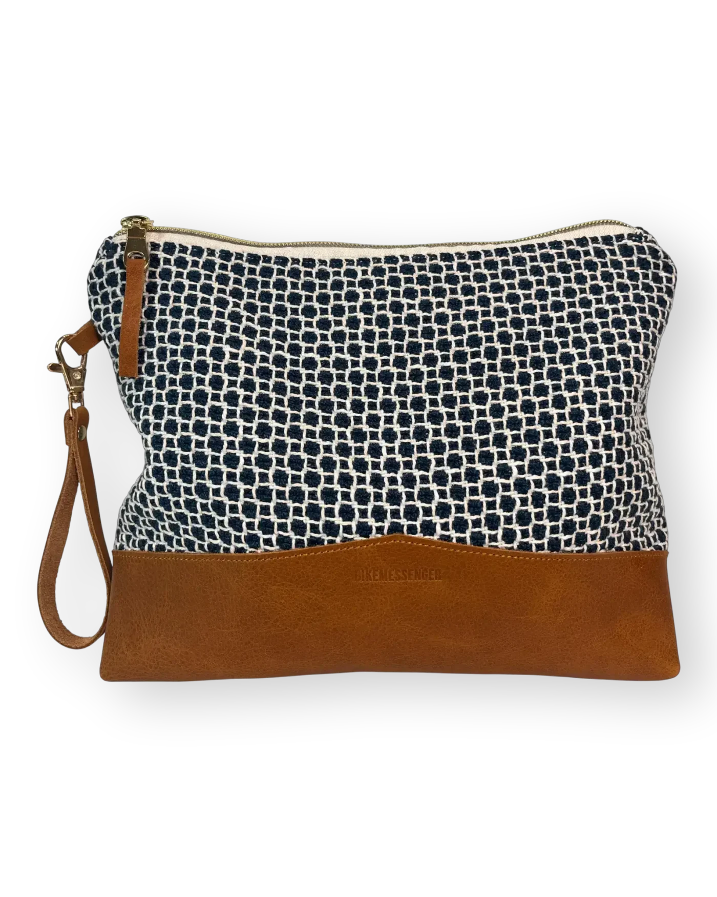 Drakensberg large leather pouch front with patterned navy and cream textile and tan genuine leather