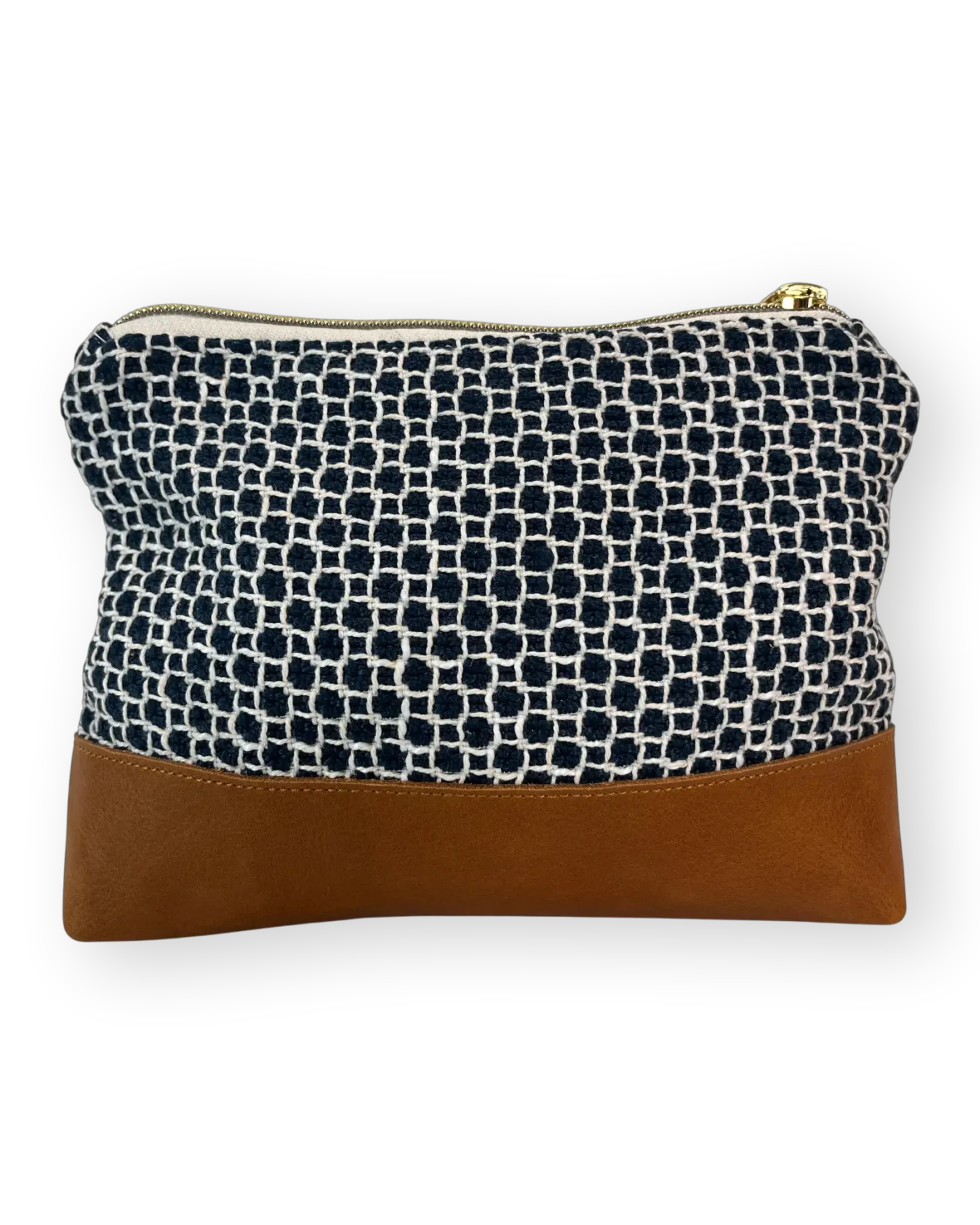 drakensberg-medium-leather-pouch-back Drakensberg medium leather pouch back with patterned navy and cream textile and tan genuine leather