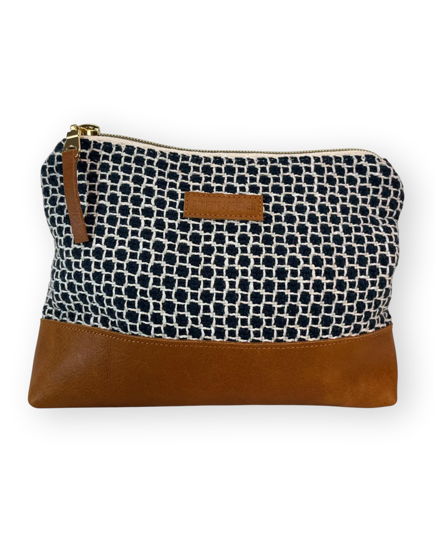 drakensberg-medium-leather-pouch-front Drakensberg medium leather pouch front with patterned navy and cream textile and tan genuine leather