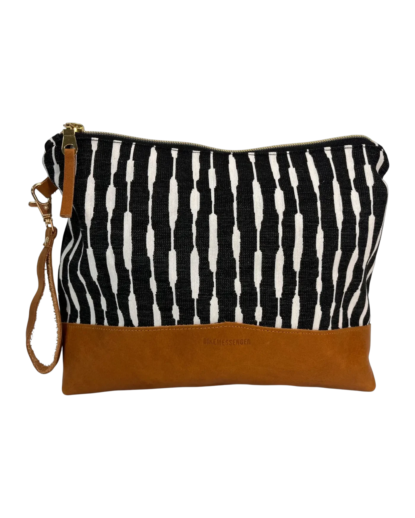 Highveld large leather pouch front with black and white textile and tan genuine leather
