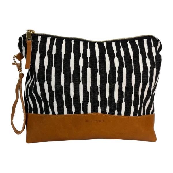 Highveld large leather pouch front with black and white textile and tan genuine leather