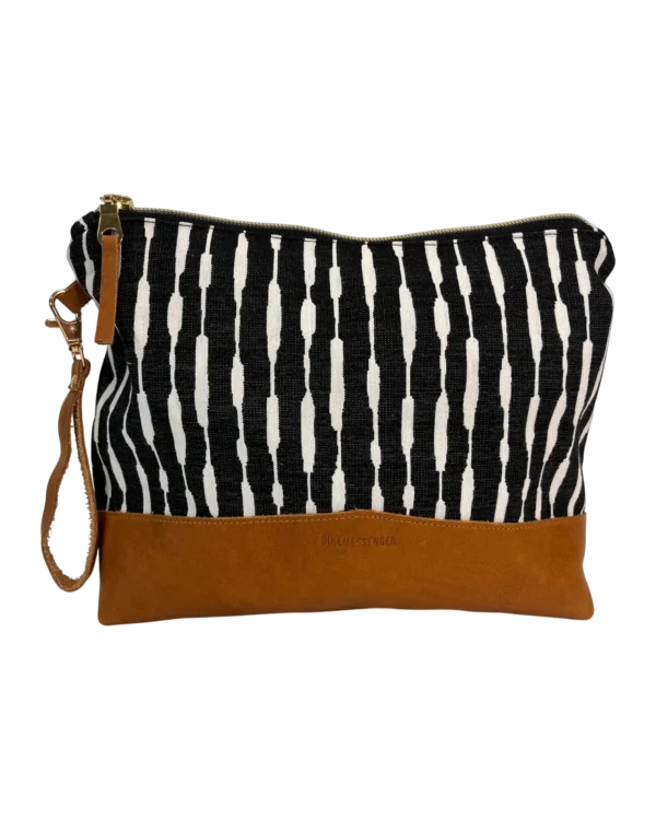 Highveld large leather pouch front with black and white textile and tan genuine leather