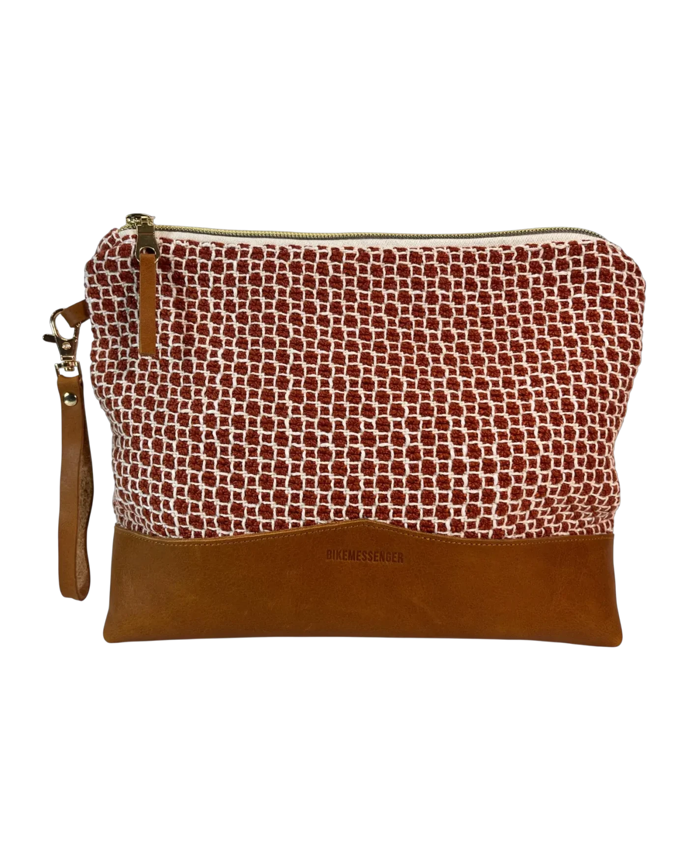 Kalahari large leather pouch front with rust and cream textile and tan genuine leather