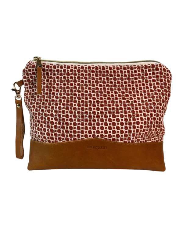 Kalahari large leather pouch front with rust and cream textile and tan genuine leather