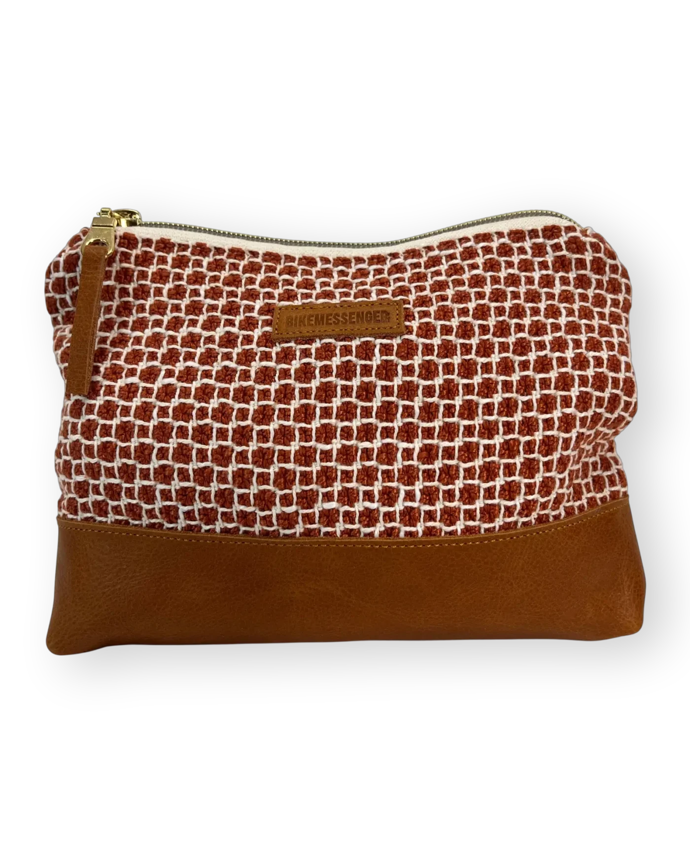 Kalahari medium leather pouch front with rust and cream textile and tan genuine leather