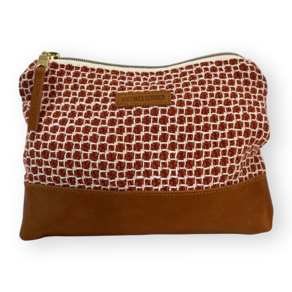 Kalahari medium leather pouch front with rust and cream textile and tan genuine leather