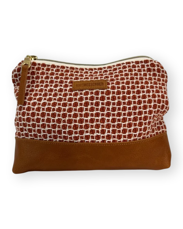 Kalahari medium leather pouch front with rust and cream textile and tan genuine leather