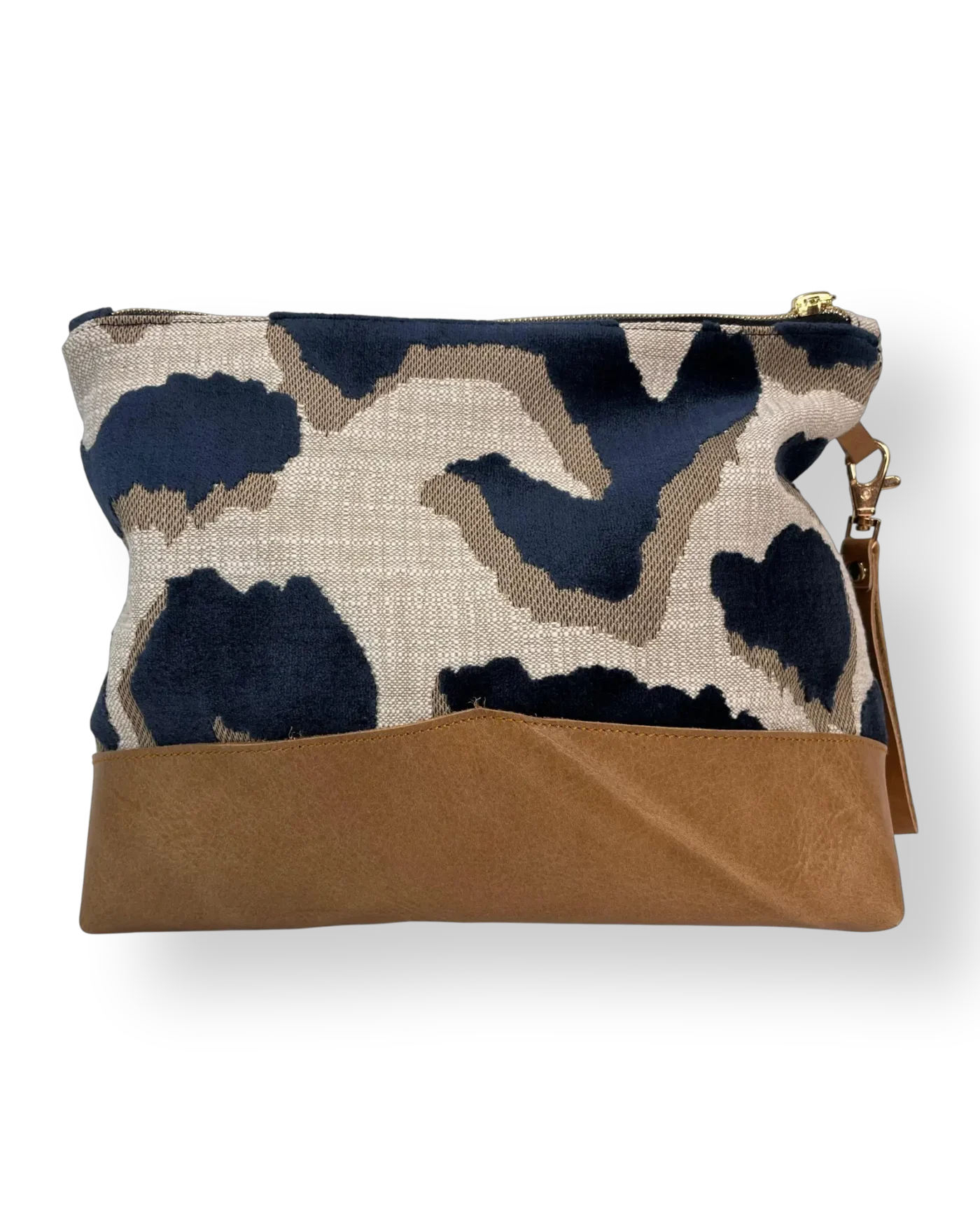 Tsitsikamma large leather pouch back with navy patterned textile and tan genuine leather