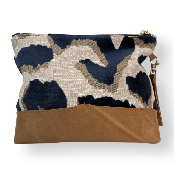 Tsitsikamma large leather pouch back with navy patterned textile and tan genuine leather