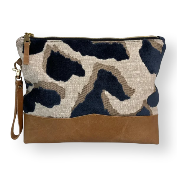 Tsitsikamma large leather pouch front with navy patterned textile and tan genuine leather