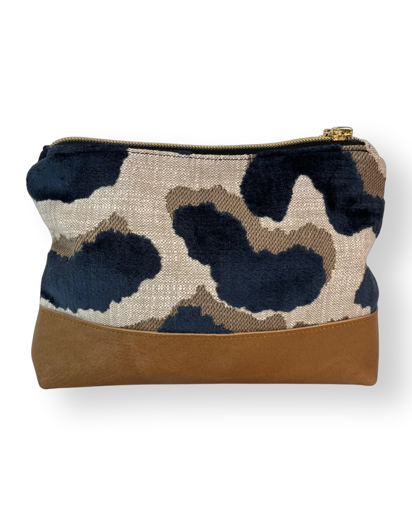 Tsitsikamma medium leather pouch back with navy patterned textile and tan genuine leather