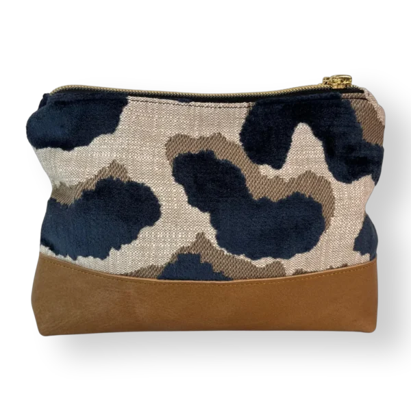 Tsitsikamma medium leather pouch back with navy patterned textile and tan genuine leather