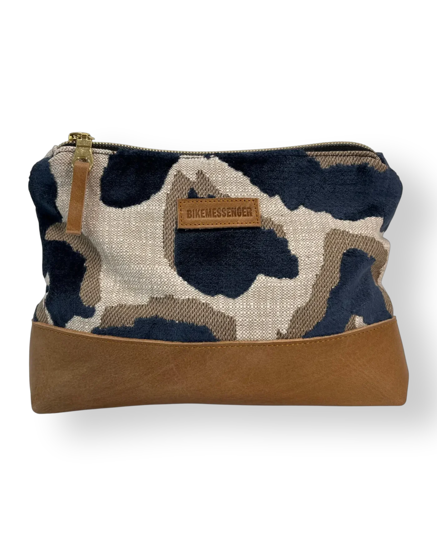 Tsitsikamma medium leather pouch front with navy patterned textile and tan genuine leather