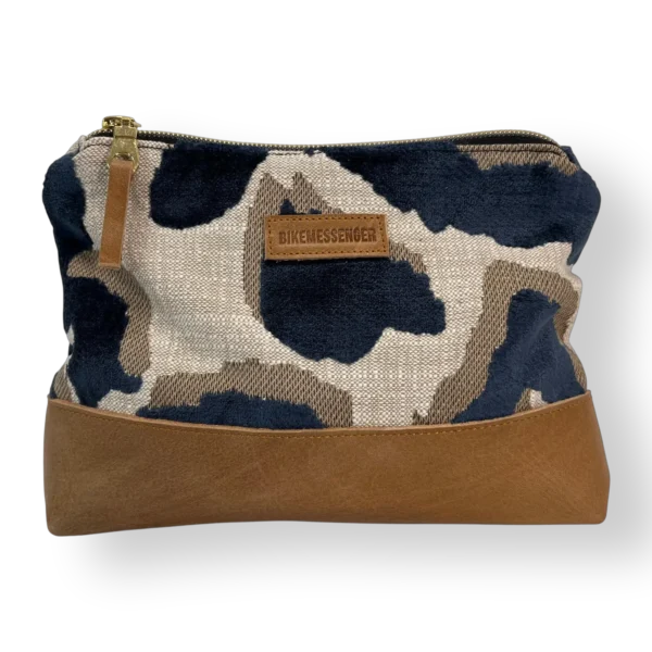 Tsitsikamma medium leather pouch front with navy patterned textile and tan genuine leather