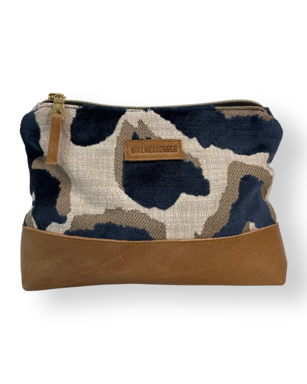 Tsitsikamma medium leather pouch front with navy patterned textile and tan genuine leather